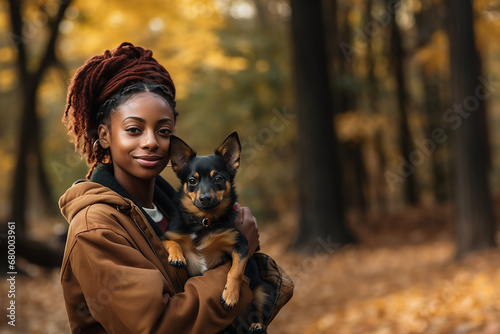 black woman smiling with a dog, quality photography, image sharp/in-focus image, shot with a canon eos 5d mark iv dslr camera, with an ef 80mm f/25 stm lens, iso 50, shutter speed of 1/8000 second photo