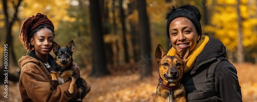 black couple smiling with a dog, quality photography, image sharp/in-focus image, shot with a canon eos 5d mark iv dslr camera, with an ef 80mm f/25 stm lens, iso 50, shutter speed of 1/8000 second photo
