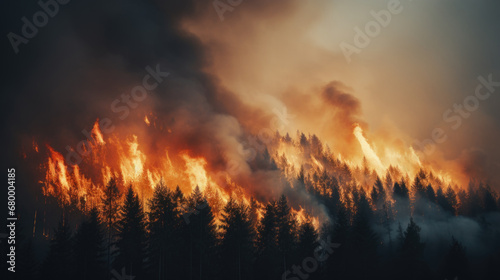 Intense wildfire burning through a dense forest.