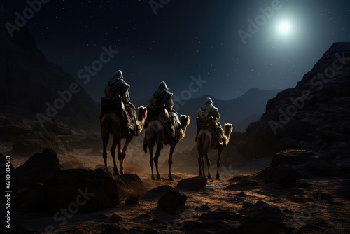 Christmas nativity story. Three wise man on camels against star of Bethlehem in night background. Christian Christmas concept. Birth of Jesus Christ, Salvation, Messiah, Emmanuel, God with us, hope