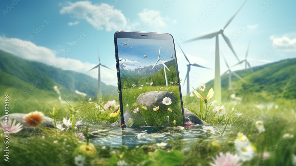 ecology concept illustration with mobile phone  - obrazy, fototapety, plakaty 