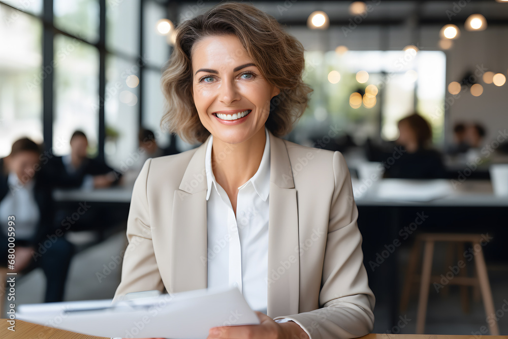 Businesswoman at desk holding paper documents Businesswoman at desk holding paper documents