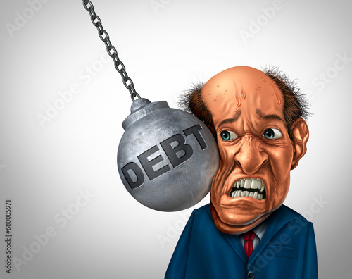 Debt Problem and credit crunch financial concept of the stress experienced by consumers as a symbol of owing money and struggling with the pain of going bankrupt.