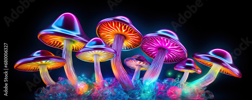 Multicolored hallucinogenic mushrooms on black background photo