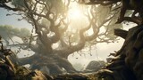the sprawling branches of an ancient tree in a synthetic setting