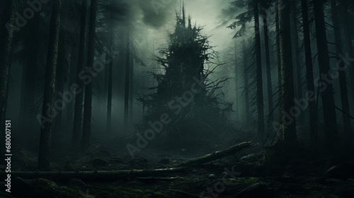 Towering tree in a dense, misty forest, creating an eerie atmosphere