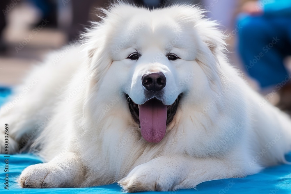 Big fluffy white happy dog lying on the bed at home close-up Big fluffy white happy dog lying on the bed at home close-up