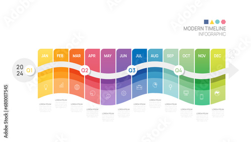 Business step timeline infographic arrow template. Modern milestone element timeline diagram calendar and 4 quarter topics, vector infographics.