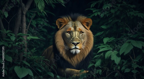 Portrait of a lion on jungle background at night from Generative AI