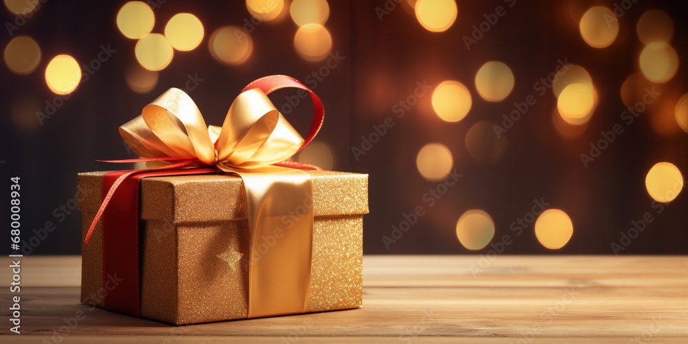 Christmas gift box and golden decorations on lights bokeh background, Happy New Year and Christmas Greeting Cards, Holidays background, generative ai - obrazy, fototapety, plakaty 