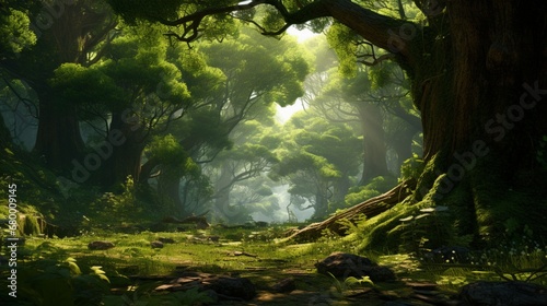 Vibrant green foliage in a lush forest surrounding a towering tree