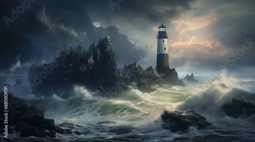 Lighthouse on a rocky island with raging rocks. photo