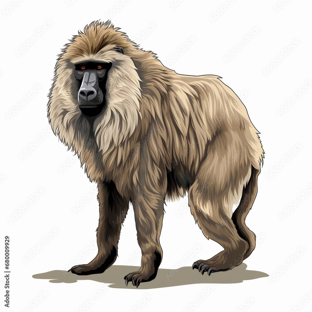 Fototapeta premium Baboon full body , black outline, natural colors ,comic drawing, on white background