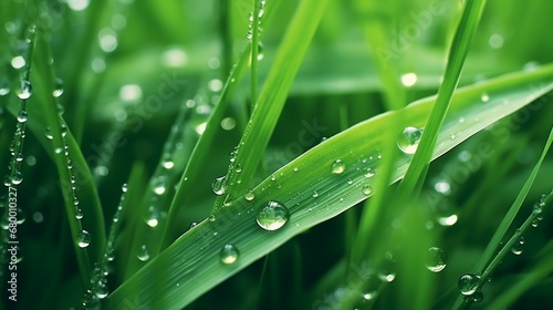 Drops of water land on the field grass stalks.Natural plant texture in shades of green. herbal foundation.lovely dewdrops on foliage.Plant silhouettes. After the rain, the field photo