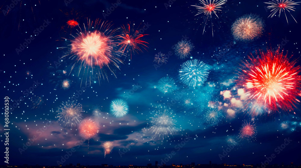 Vibrant fireworks display against twilight sky, festive background.
