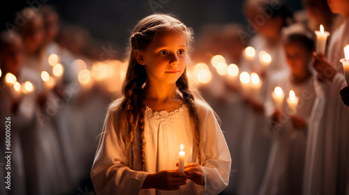 Girl in white robe holding candle, Saint Lucy's Day, Norway, shallow field of view. photo