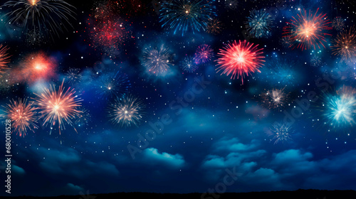 Vibrant fireworks display against twilight sky, festive background. 