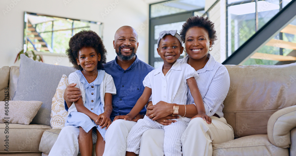 Black family, father or portrait of mother with happy kids in home to relax on holiday vacation with care. Smile, proud mom or African dad bonding with girl siblings, love or children in living room - obrazy, fototapety, plakaty 