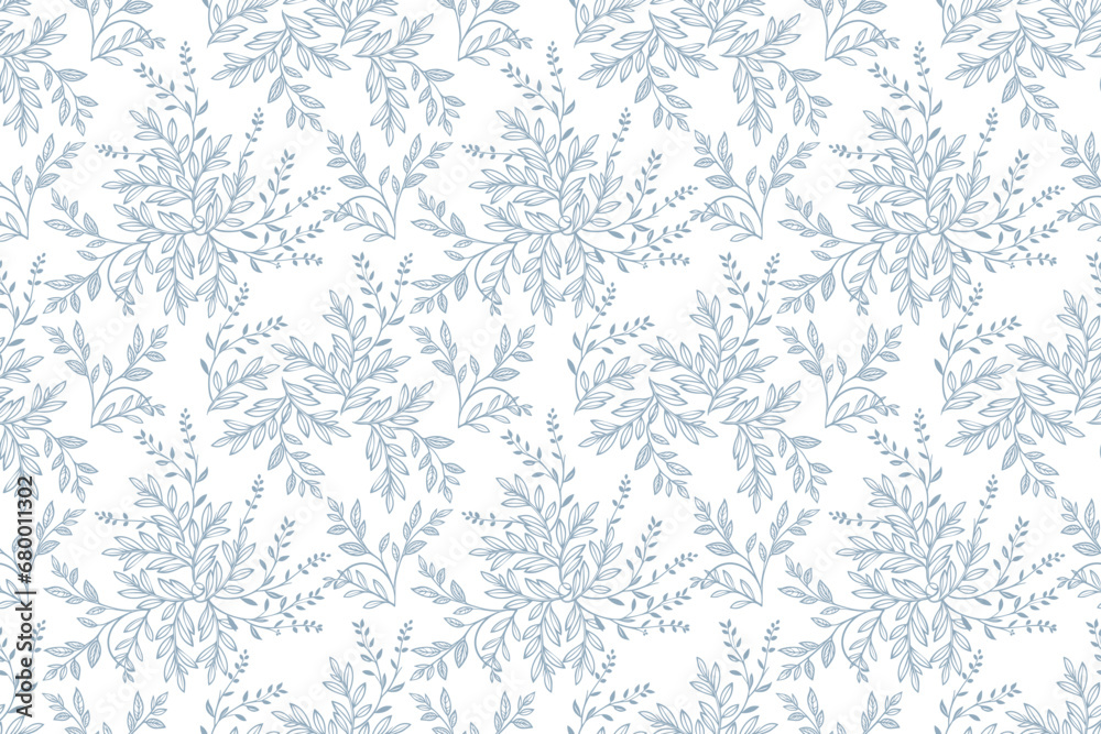 Abstract blue on white seamless pattern with leaves. Toile De Jouy banner. Two-color vector floral pattern. Design for wallpaper, wrapping paper, background, fabric.