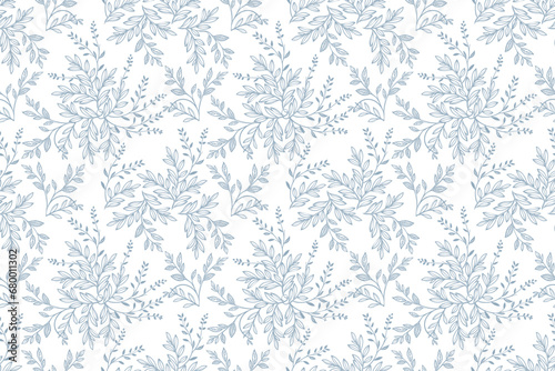 Abstract blue on white seamless pattern with leaves. Toile De Jouy banner. Two-color vector floral pattern. Design for wallpaper, wrapping paper, background, fabric. photo