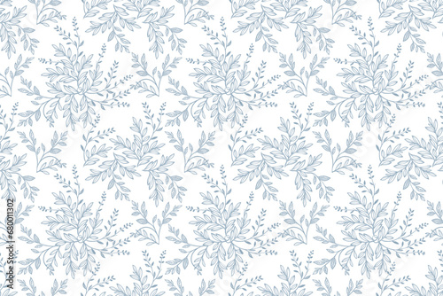 Abstract blue on white seamless pattern with leaves. Toile De Jouy banner. Two-color vector floral pattern. Design for wallpaper, wrapping paper, background, fabric.