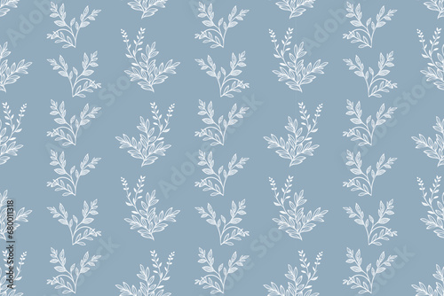 Abstract blue seamless pattern with leaves. Two-color vector floral pattern. Design for wallpaper, wrapping paper, background, fabric.