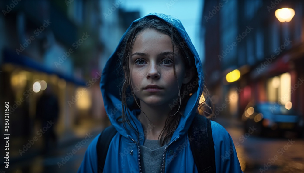 AI generative image of a young girl, child, wet from the rain