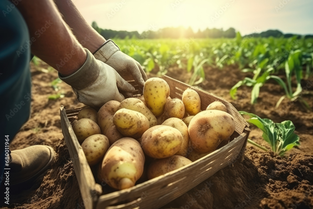 A farmer is putting potatoes in a basket in the garden A farmer is putting potatoes in a basket in the garden