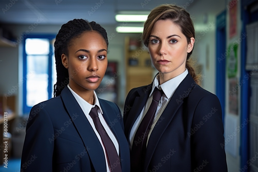 two young women of different races and ethnicities one in a business suit and one in a police uniform working in a police station two young women of different races and ethnicities one in a business suit and one in a police uniform working in a police station