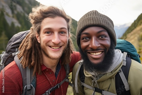 two young men of different races and ethnicities hiking together in the mountains one man is transgender and the other is non binary