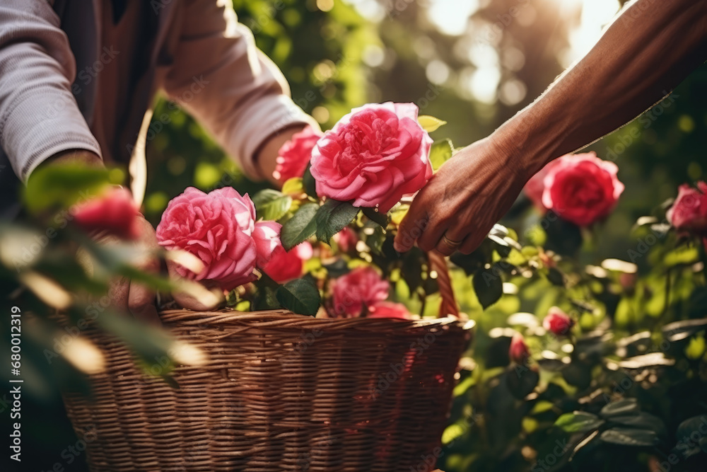 Obraz premium A gardener is putting rose in a basket in the garden