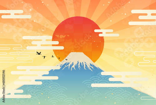 富士山と初日の出の和柄イラスト_横1