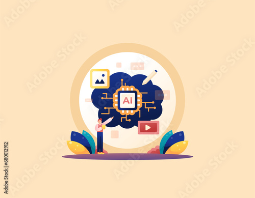 artificial intelligence technology or AI. create and edit an image or video with AI assistance. Create content only by text. technological progress. Cartoon or flat illustration concept design
