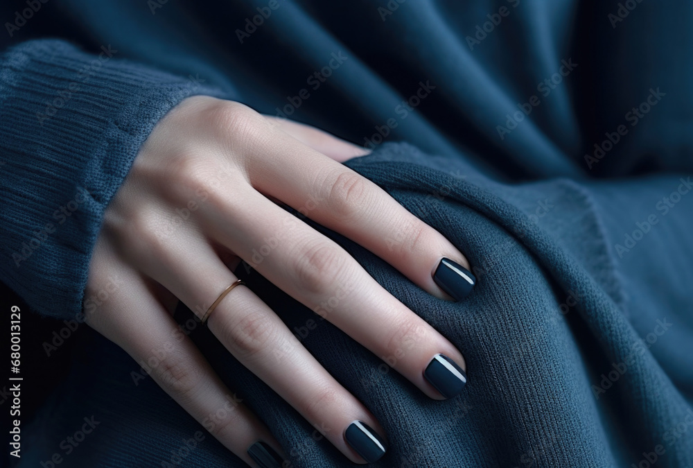 A woman's hand with a ring on her finger. Nail polis design. Generative AI. A woman's hand with a ring on her finger. Nail polis design. Generative AI.