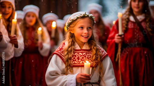 Young girl leading Saint Lucy's Day procession with candles, traditional Scandinavian festival costume.
