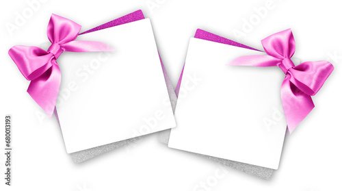 gift greeting card with pink bright ribbon bow Isolated on transparent background, top view, copy space for label price ticket, Christmas and Easter shopping or mother's day present template