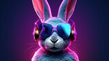Chic youthful DJ rabbit or bunny wearing neon-colored sunglasses and appreciating the music