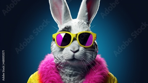 Chic youthful DJ rabbit or bunny wearing neon-colored sunglasses and appreciating the music photo