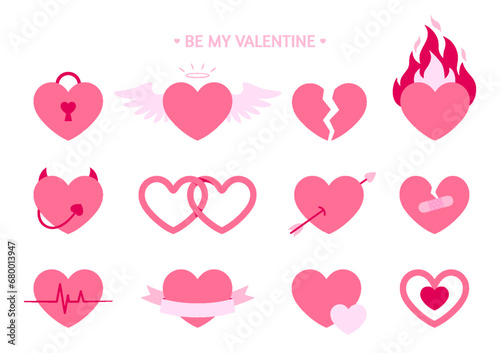 Love heart icon saint valentine day doodle flat set. Pink enchanted lock angel broken heart separation devil wedding amur cupid arrow cardio pulse ribbon congrats pendant patch reconcile isolated