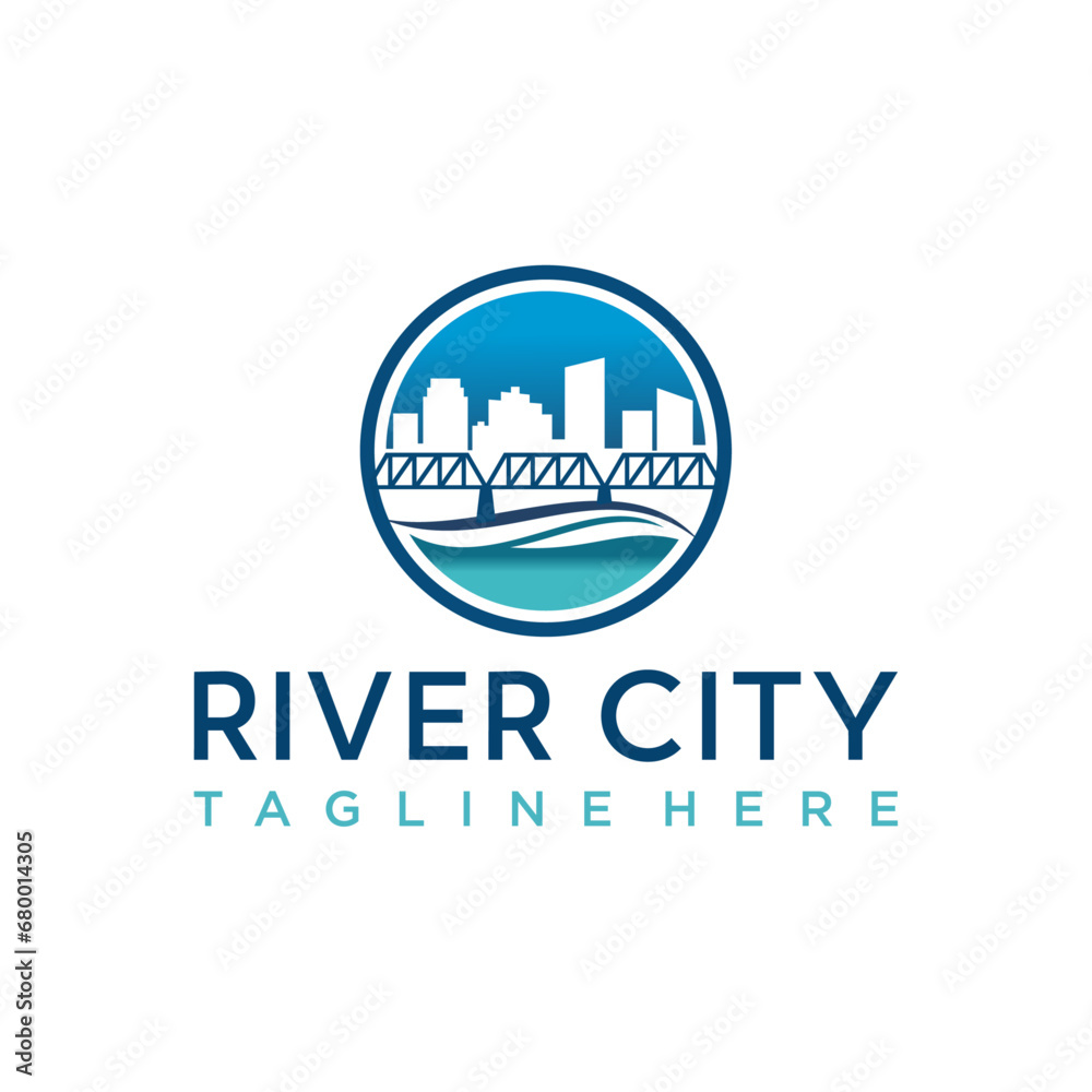 River city with Moon / Sun Background Buildings Logo Design Vector, River City With Bridge Logo Design Inspiration River city with Moon / Sun Background Buildings Logo Design Vector, River City With Bridge Logo Design Inspiration