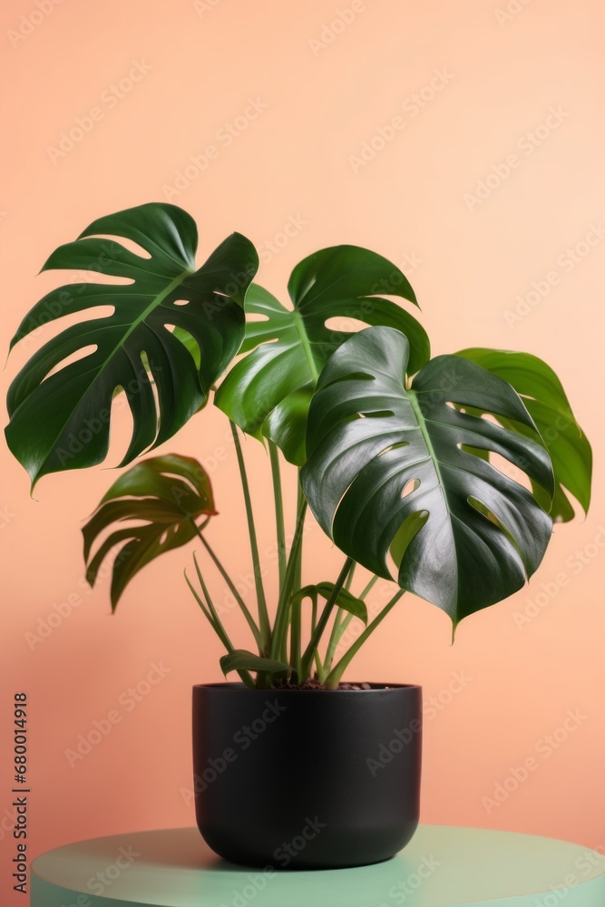 Close up of large leaf house plant Monstera deliciosa in a flower pot on a colorful background, home gardening and connecting with nature. Interior minimalism and urban jungle concept