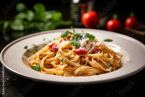pasta plate with linguini with white souce. generative AI