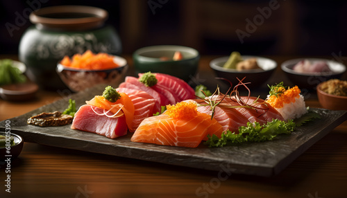 set of sushi in a round wood tray.fill with salmon , onigiri and more fresh and delicious sushi.AI generative