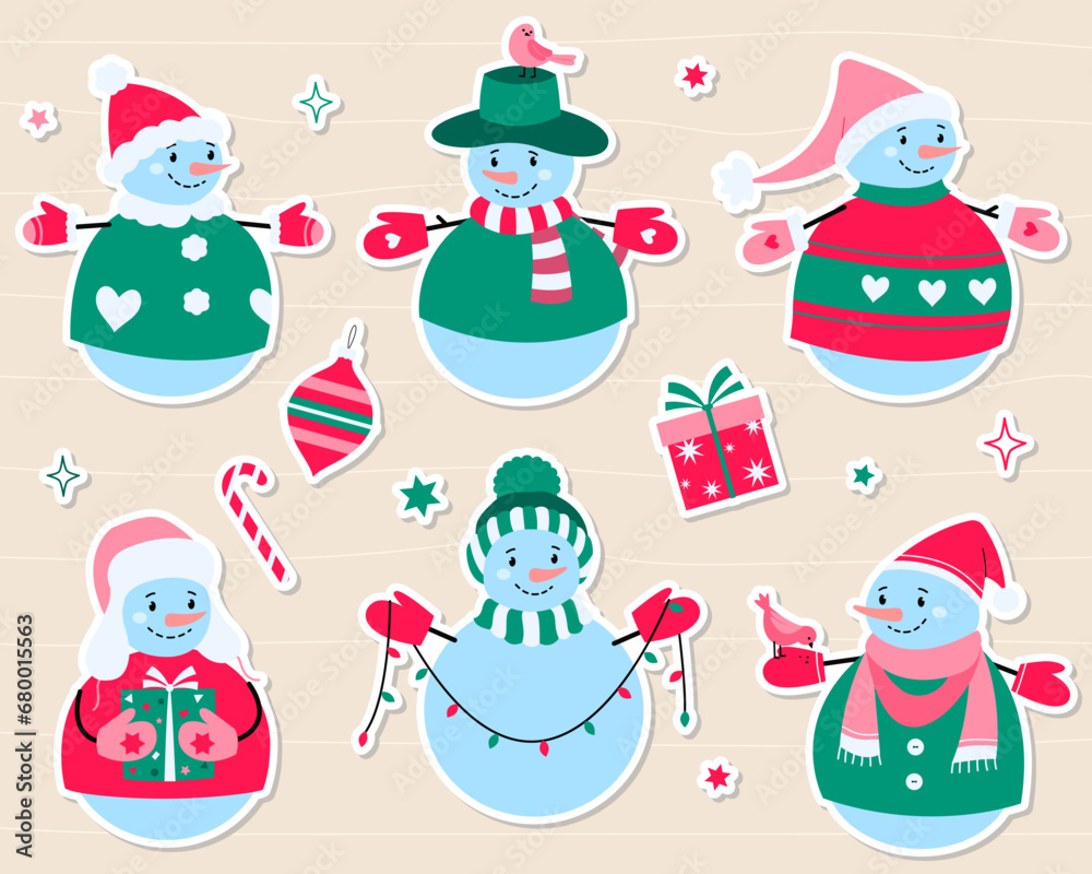 Set of winter holidays snowman. Christmas and New Year's stickers. Cartoon vector graphics isolated on white background. Set of winter holidays snowman. Christmas and New Year's stickers. Cartoon vector graphics isolated on white background.