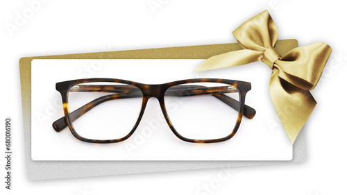 glasses Christmas gift card with shiny golden ribbon bow, eyewear isolated on white ticket, copy space template for promotional and shopping banner or sale price offer label, maculated spectacles © amedeoemaja