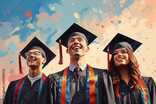 Happy high school graduates in caps. School graduation