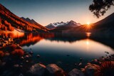 Imagine A breathtaking sunset over a serene mountain lake, with vibrant hues reflecting in the calm waters. --