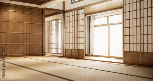 Interior, Empty room and tatami mat floor room japanese style. 3D rendering