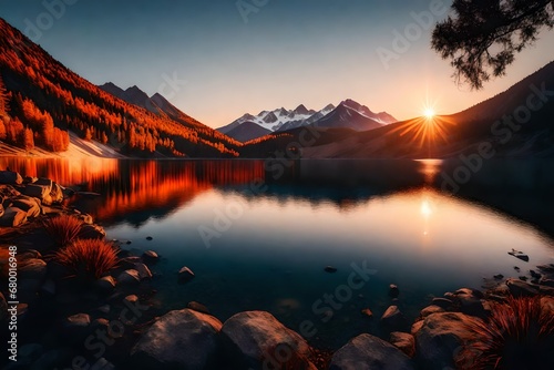Imagine A breathtaking sunset over a serene mountain lake, with vibrant hues reflecting in the calm waters. --