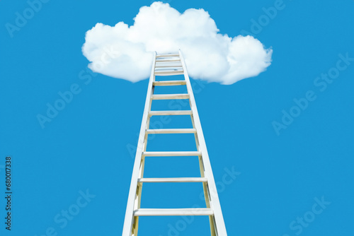 stairway to Heaven. a career ladder leads up to a white cloud  composition on a blue background  a cloud in the sky with a gray ladder
